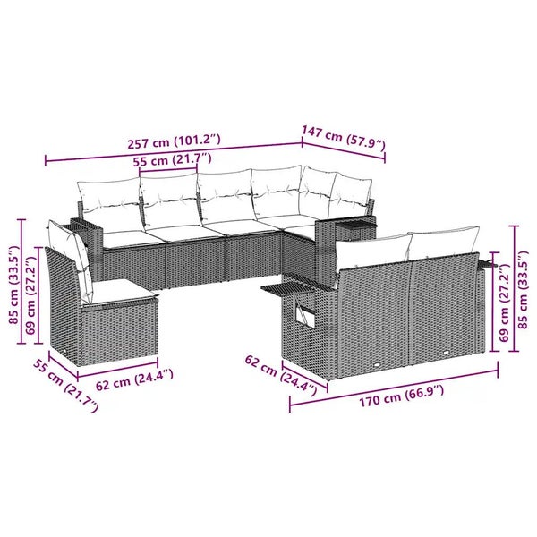 8-tlg. Garten-Sofagarnitur mit Kissen Hellgrau Poly Rattan