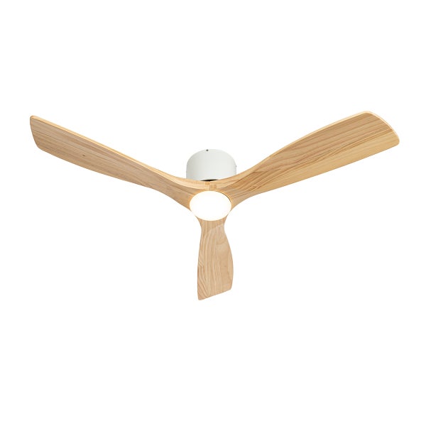 Deckenventilator mit drei Flügeln in heller Holzoptik und integrierter runder Leuchte.