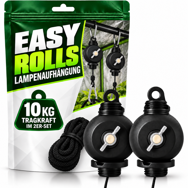 Easy Rolls Lampenaufhängung im Zweier Set mit zehn Kilogramm Tragkraft inklusive Seil zur verstellbaren Befestigung von Lampen.
