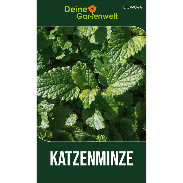 Samentüte für Katzenminze mit Nahaufnahme der strukturierten Blätter, Deine Gartenwelt Logo.