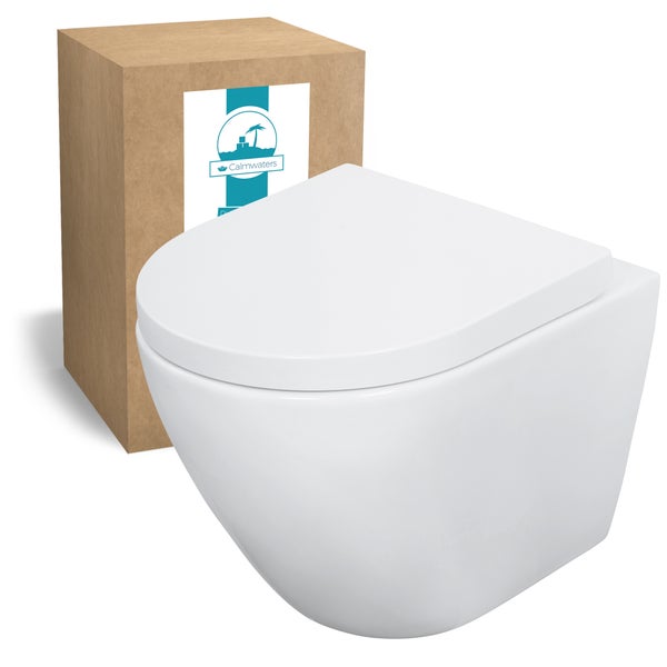 Calmwaters® Wand WC spülrandlos Weiß, mit WC-Sitz, Raumspar WC: 45 cm Ausladung, mit Absenkautomatik, Tiefspüler, Hänge WC, Wandmontage, Sanitärkeramik, 08AB6159