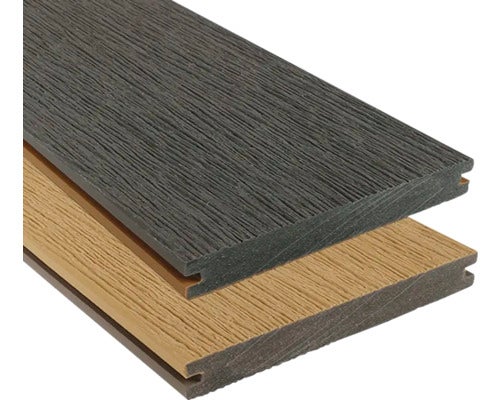 Terrassendiele aus Holz-Kunststoff-Verbundwerkstoff mit Holzmaserung in Anthrazit und Braun.