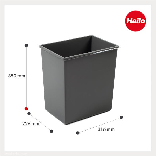Grauer Hailo Mülleimer aus Kunststoff mit Maßen 350 Millimeter Höhe, 316 Millimeter Breite und 226 Millimeter Tiefe. Hailo Logo.