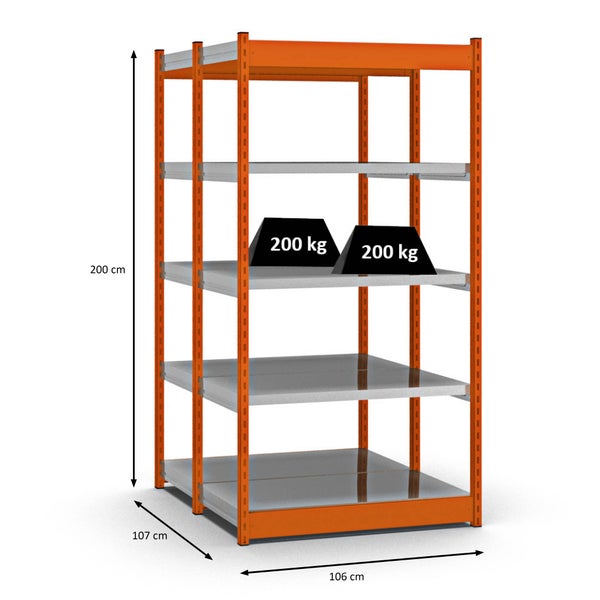PROREGAL Fachbodenregal Stecksystem Vierkant-Profil Grundregal HxBxT 200 x 102,5 x 50 cm 2x5 Ebenen Doppelseitige Bauart Fachlast 200 kg Orange