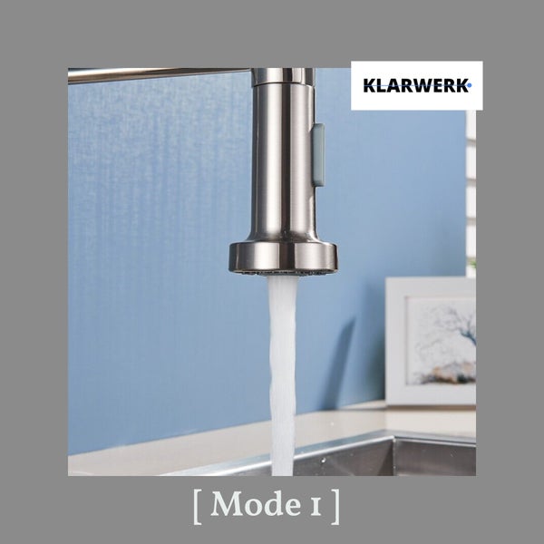 Küchenarmatur-Brausekopf aus Edelstahl mit gleichmäßigem Wasserstrahl im Modus eins. KLARWERK Logo.