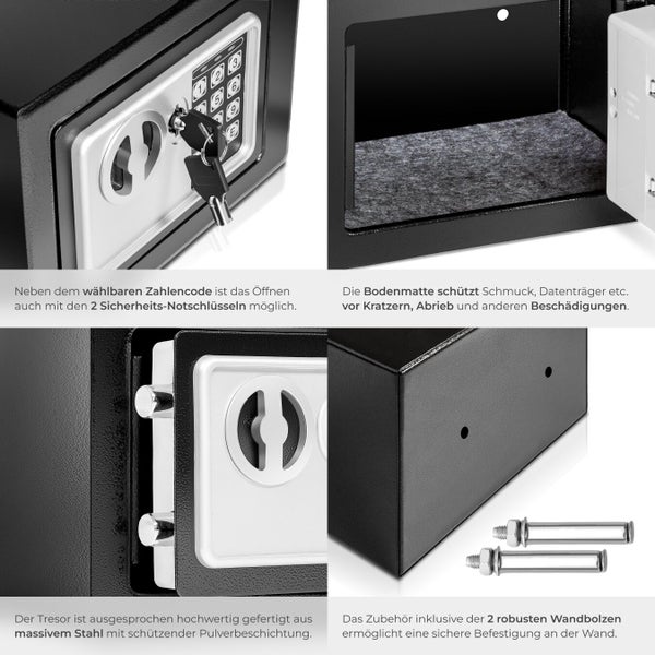 Detailansichten eines Möbeltresors aus Stahl mit digitalem Zahlencode und Notfallschlüsseln, Innenraum mit Bodenmatte und Zubehör zur Wandbefestigung.