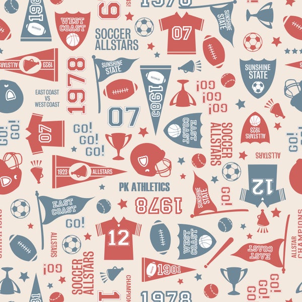 Nahtloses Muster mit Sportmotiven wie Trikots, Bällen und Wimpeln