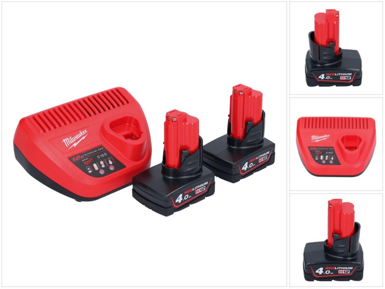Milwaukee Akku Starter Set bestehend aus zwei M12 Red Lithium Akkus mit 4.0 Amperestunden und einem C12 C Ladegerät