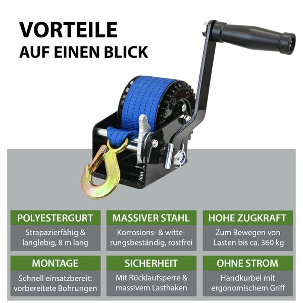 Handseilwinde mit Polyestergurt, massivem Stahl und hoher Zugkraft bis circa 360 Kilogramm