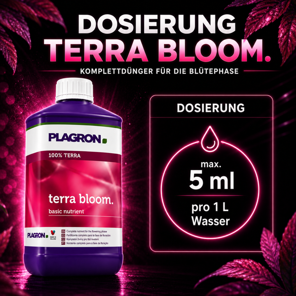 Plagron Terra Bloom Düngerflasche mit Dosierungshinweis von maximal fünf Millilitern auf einen Liter Wasser für die Blütephase.