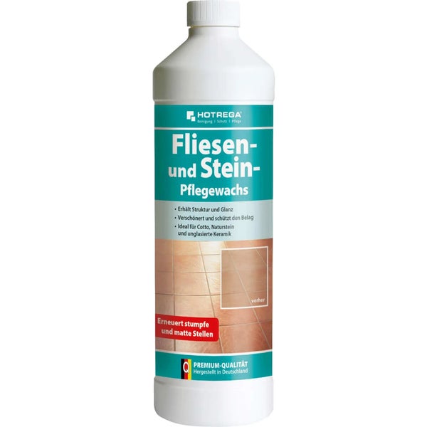 HOTREGA Fliesen und Stein Pflegewachs zum Schutz und zur Pflege von Cotto, Naturstein und unglasierter Keramik in der Flasche.