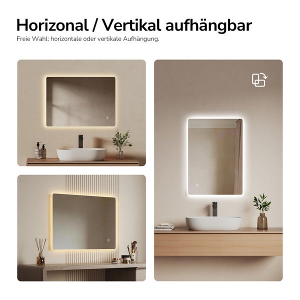 Badspiegel mit LED-Beleuchtung, horizontal oder vertikal montierbar, über einem Waschbecken und einem Schminktisch im Badezimmer dargestellt.