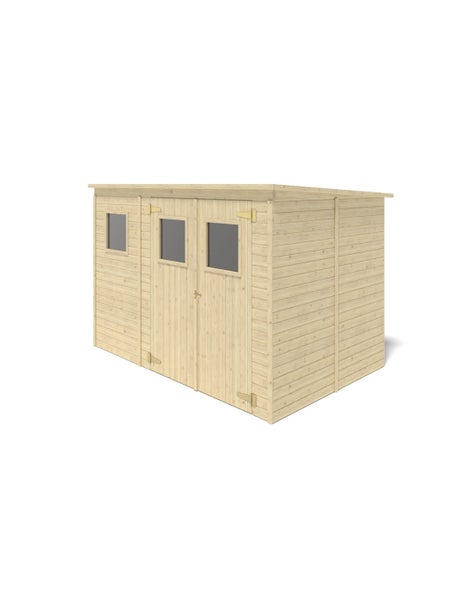Gerätehaus aus Holz mit Pultdach, einer Doppeltür und drei Fenstern.