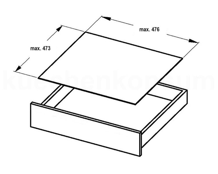 Technische Zeichnung einer Schublade mit Abmessungen für eine Abdeckplatte: maximal 473 mal 476.