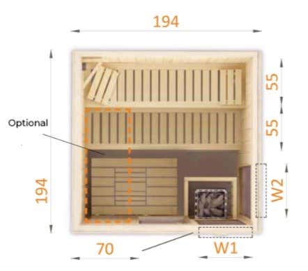 Draufsicht Grundriss einer Sauna mit Maßen 194 mal 194 Zentimeter, zwei Holzbänken, Saunaofen und optionalem Bodenbereich.