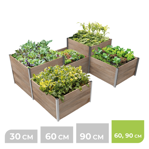 Modulares Hochbeet aus Holz mit Metallprofilen, bepflanzt mit Gemüse, in den Höhen 30, 60 und 90 Zentimeter.