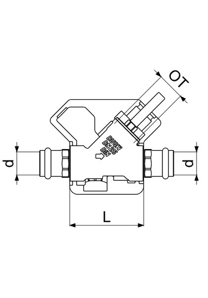 Technische Zeichnung eines Schrägsitzventils mit Maßangaben für Durchmesser und Länge sowie Hinweisen auf Nennweite 25 und Zertifizierungen.