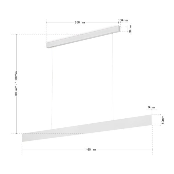 Technische Zeichnung einer modernen LED Pendelleuchte mit Maßangaben zur Leuchtenlänge, Abhängung und Deckenhalterung.