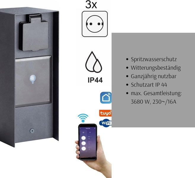 Außen-Energiesäule mit drei Steckdosen, IP44 Spritzwasserschutz, WLAN-Steuerung über Tuya-App, 3680 Watt maximale Gesamtleistung.