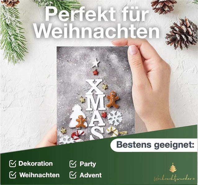 Dekoratives Weihnachtsmotiv mit Schriftzug XMAS und Lebkuchenmännern für Weihnachten, Adventszeit und Partydekoration