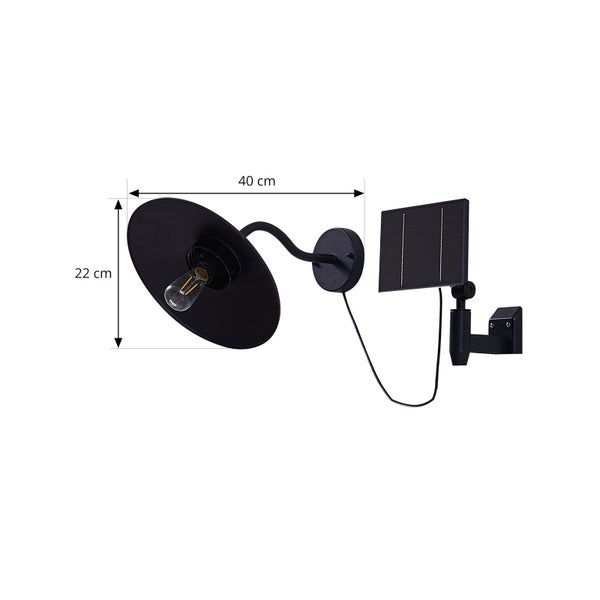 Schwarze Solar-Außenwandleuchte mit separatem Solarpanel und Maßen 40 Zentimeter mal 22 Zentimeter.