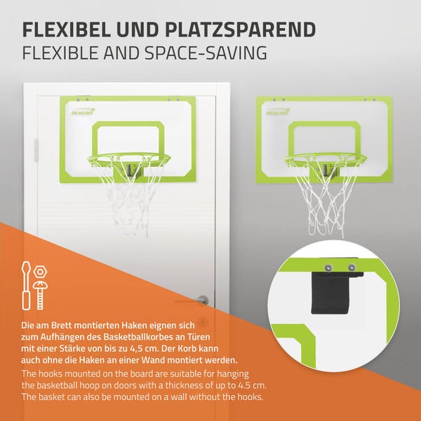 Hauki Mini Basketballkorb fürs Zimmer im Set 3 Bälle Ø16cm, Netz, Pumpe, 58x40 cm, Grün, tragbar, Backboard Tür/Wandmontage, ohne Bohren, Indoor Basketball Hoop hängend, Hängebrett Basketballbrett