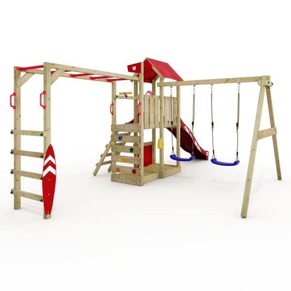 WICKEY Spielturm Klettergerüst Smart Baboon mit Schaukel und Rutsche, Kletterturm mit Sandkasten, Hangelleiter und Spiel-Zubehör - rot