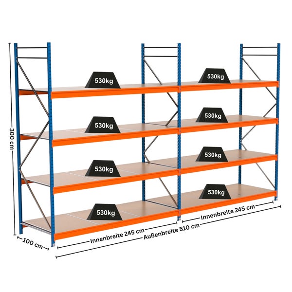 Regalsystem mit einer Höhe von 300 cm und einer Traglast von 530 kg pro Ebene