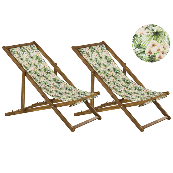 Set mit 2 klappbaren Liegestühlen ANZIO mit Ersatzstoffen Blumenmuster Akazienholz Hellbraun