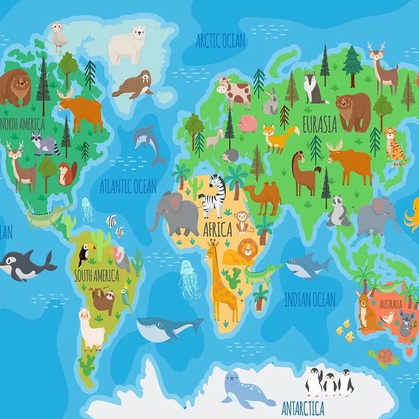 Farbenfrohe illustrierte Weltkarte für Kinder mit Tieren auf Kontinenten und in Ozeanen wie Bären, Elefanten und Walen.