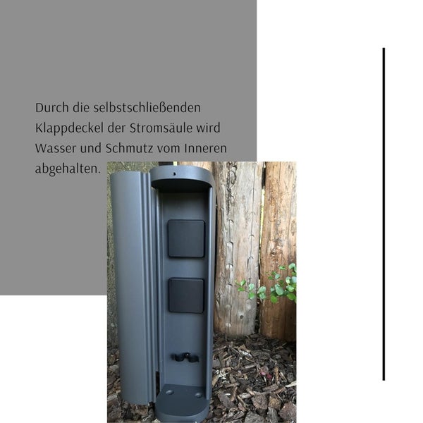 Geöffnete Gartenstromsäule aus Metall mit zwei Steckdosen und selbstschließenden Klappdeckeln gegen Wasser und Schmutz.