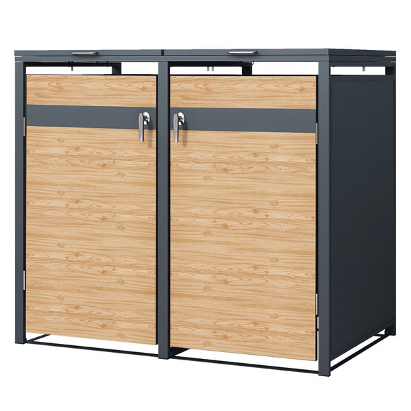 ML-Design Mülltonnenbox 2er 2 Tonnen 240L 132x80x116,3cm Anthrazit-Lärchenoptik Stahl, wetterfest/abschließbar Mülltonnenverkleidung Klappdeckel/2 Türen, Müllbox Mülltonnecontainer Mülltonnenabdeckung
