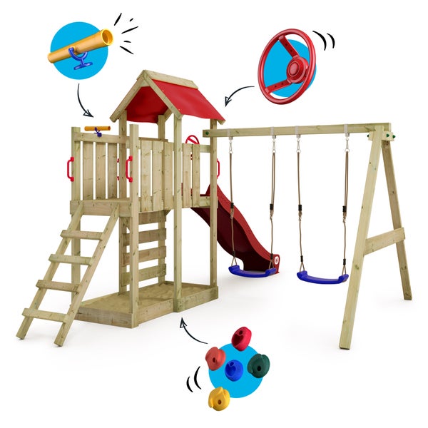 WICKEY Spielturm Klettergerüst MultiFlyer mit Schaukel und Rutsche, Kletterturm mit Sandkasten, Leiter und Spiel-Zubehör - rot