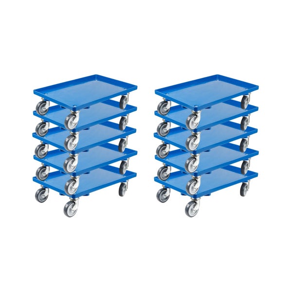 PROREGAL SparSet 10x Transportroller für Euroboxen 60 x 40 cm mit Gummiräder Blau Geschlossenes Deck 2 Lenkrollen und 2 Bremsrollen Traglast 300 kg