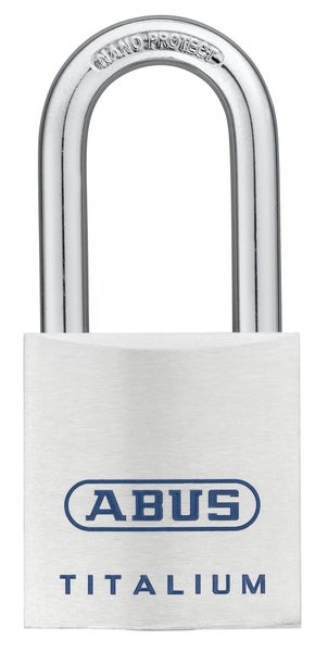 ABUS Vorhängeschloss Titalium mit hohem Bügel, Nano Protect Beschichtung und ABUS Logo.