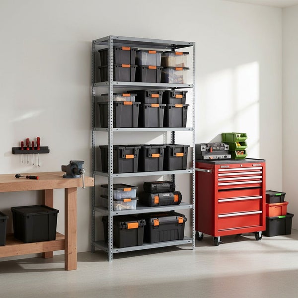 Organisierte Werkstatt mit grauem Metallregal voller schwarzer Lagerboxen, einem roten Werkstattwagen und einer Werkbank aus Holz.