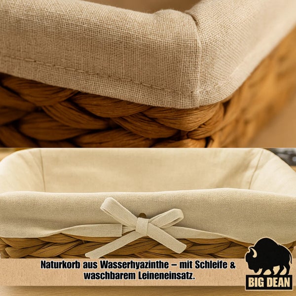 Naturkorb aus Wasserhyazinthe mit waschbarem Leineneinsatz und Schleife. Big Dean Logo.