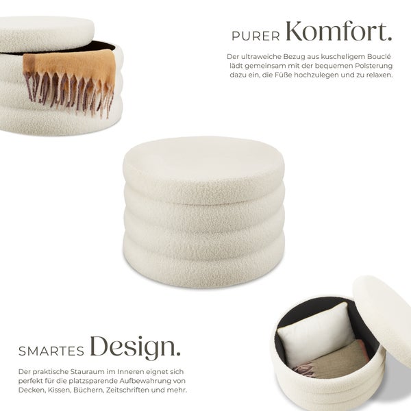 Sitzhocker mit Stauraum tectake Altu XL 67 x 42 cm rund Bouclé creme-weiß
