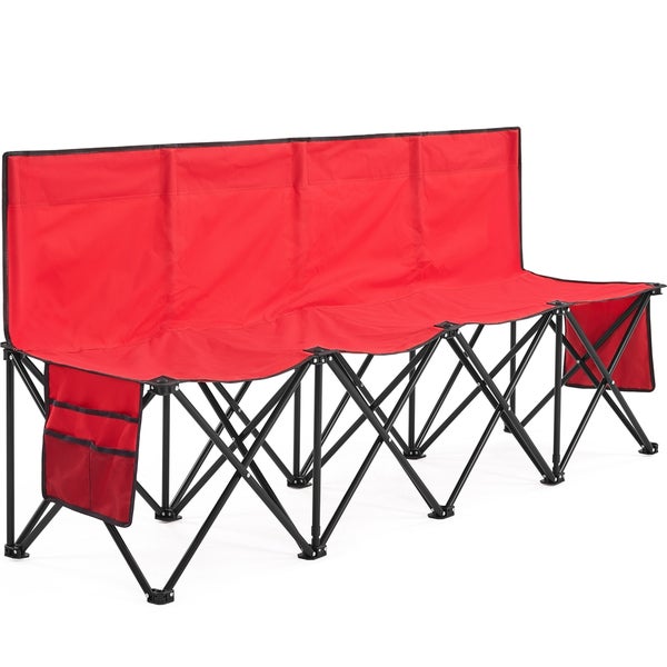 Rote Outdoor-Bank mit Tragetasche und Maßangaben
