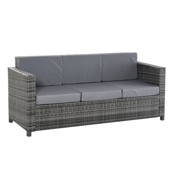 Outsunny Poly-Rattan Sofa mit Kissen, 3-Sitzer Garten Loungesofa, 185 x 70 x 80 cm, Metall, Polyester, Grau