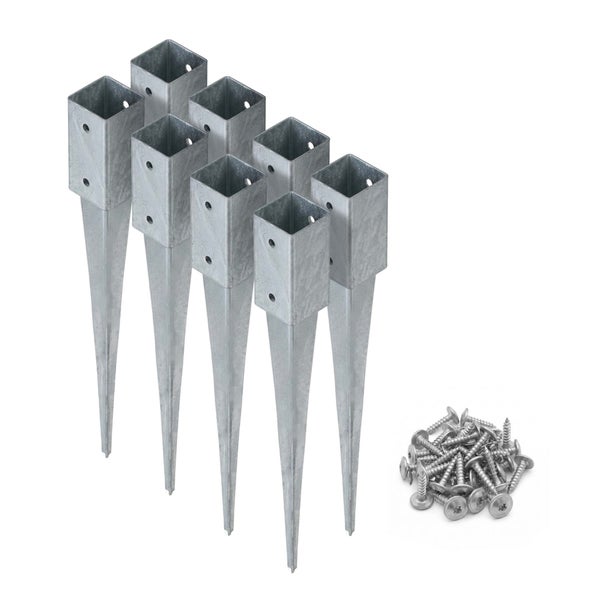 Acht Einschlagbodenhülsen aus verzinktem Stahl für quadratische Holzpfosten inklusive Schraubenset.
