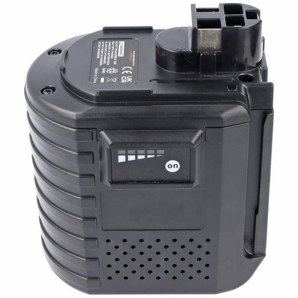 Wiederaufladbarer Werkzeug-Akku mit Ladestandsanzeige und CE-Kennzeichnung.