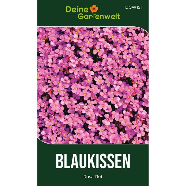 Samentüte für Blaukissen Rosa-Rot von Deine Gartenwelt mit einer Nahaufnahme vieler kleiner pinkfarbener Blüten.