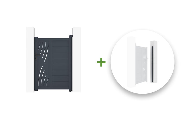 Einflügeliges Gartentor in Anthrazit mit dekorativen Wellenaussparungen und horizontalen Lamellen inklusive Montageschiene.