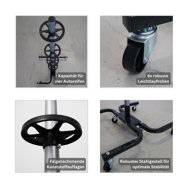 PROREGAL Fahrbarer Felgenbaum CARRERO XL für Autoreifen bis 295 mm HxBxT 118x85x58cm bis zu 4 Reifen Schwarz Reifenständer fahrbar