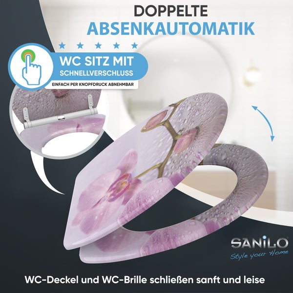 Sanilo WC-Sitz mit Orchideen-Motiv, doppelter Absenkautomatik und Schnellverschluss per Knopfdruck.