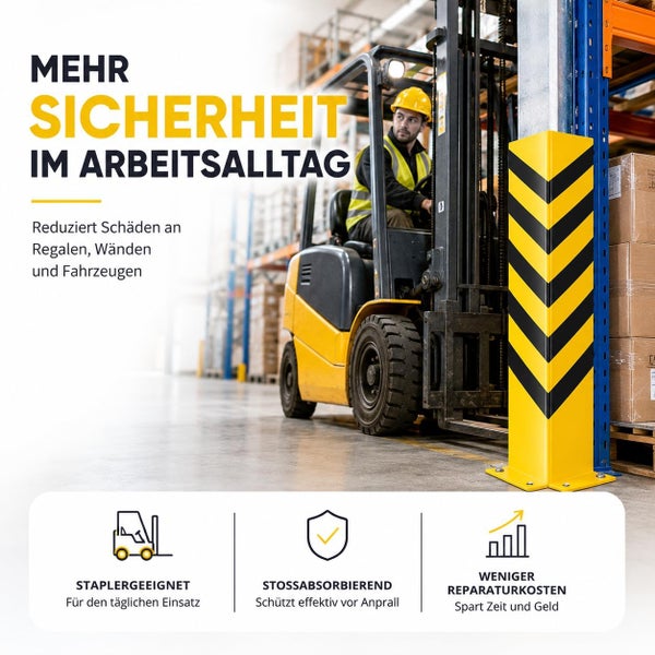 Gelb-schwarzer Eck-Rammschutz für Lagerregale, staplergeeignet und stoßabsorbierend zur Reduzierung von Schäden und Reparaturkosten.