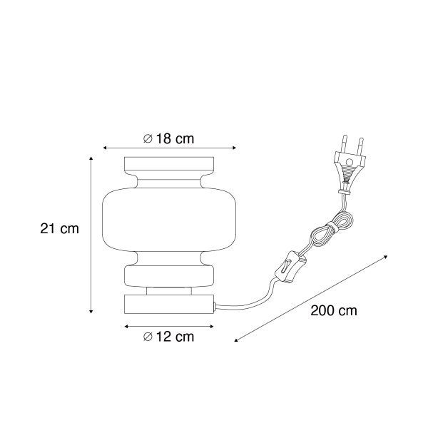 Dimensionszeichnung der Tischleuchte mit einer Höhe von 21 cm, einem Durchmesser oben von 18 cm und einem Durchmesser unten von 12 cm, Kabellänge 200 cm
