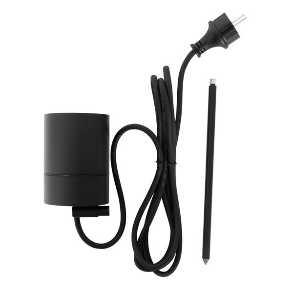 Schwarzer Gartenstrahler mit Erdspieß und Netzkabel inklusive Stecker.