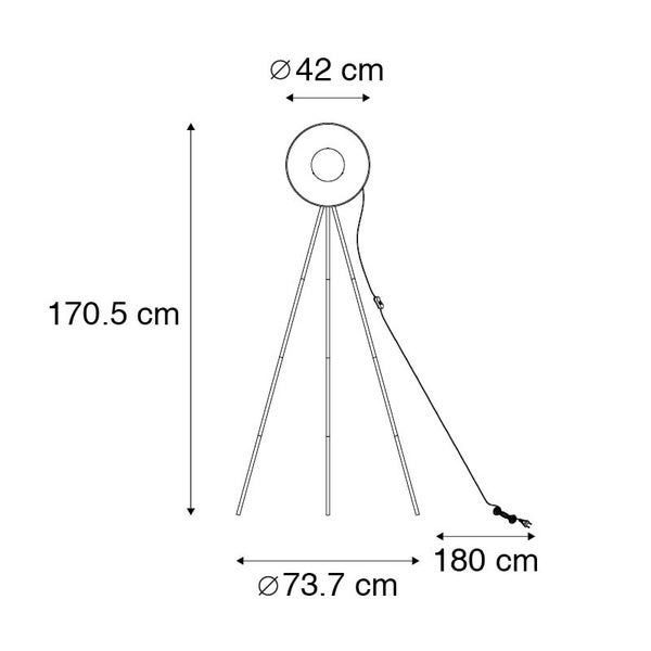 Technische Zeichnung einer Stehlampe mit Stativ und den Maßangaben Höhe 170,5 cm, Lampenschirmdurchmesser 42 cm, Stativdurchmesser 73,7 cm und Kabellänge 180 cm.
